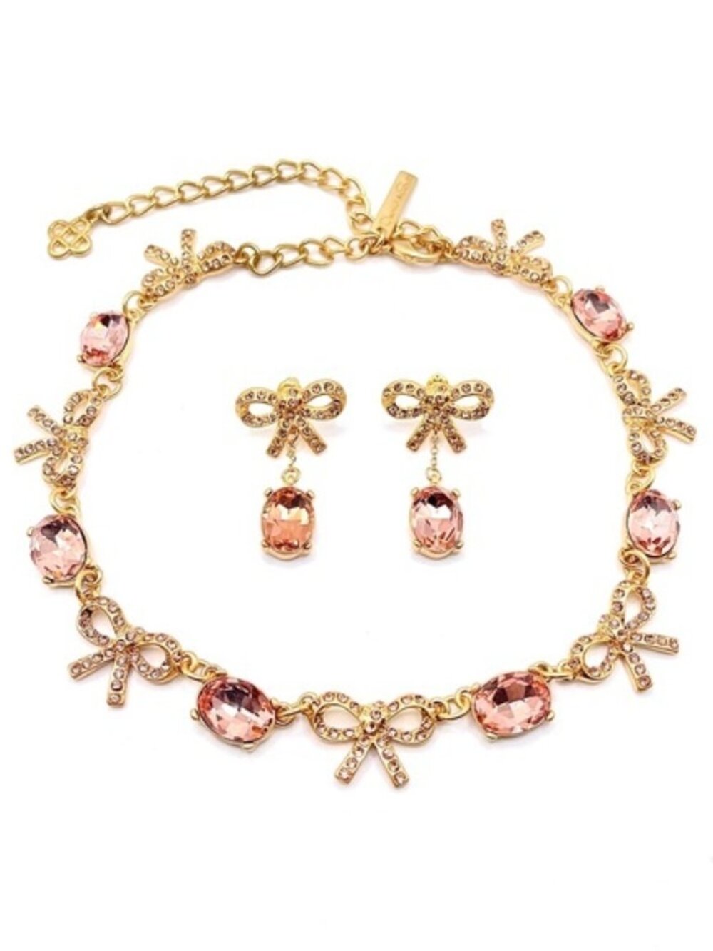Oscar de la Reta Pink Crystals Bow Rectangle Necklace & Earrings Set
